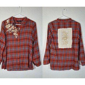 Andree by Unit Blouse Women’s Orange Small Plaid Floral Embroidery Button Down